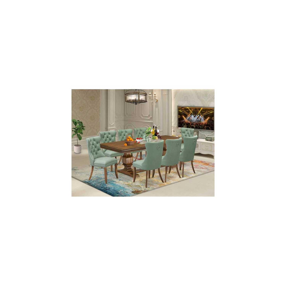 9 Piece Dining Room Set with Green Chairs F79947