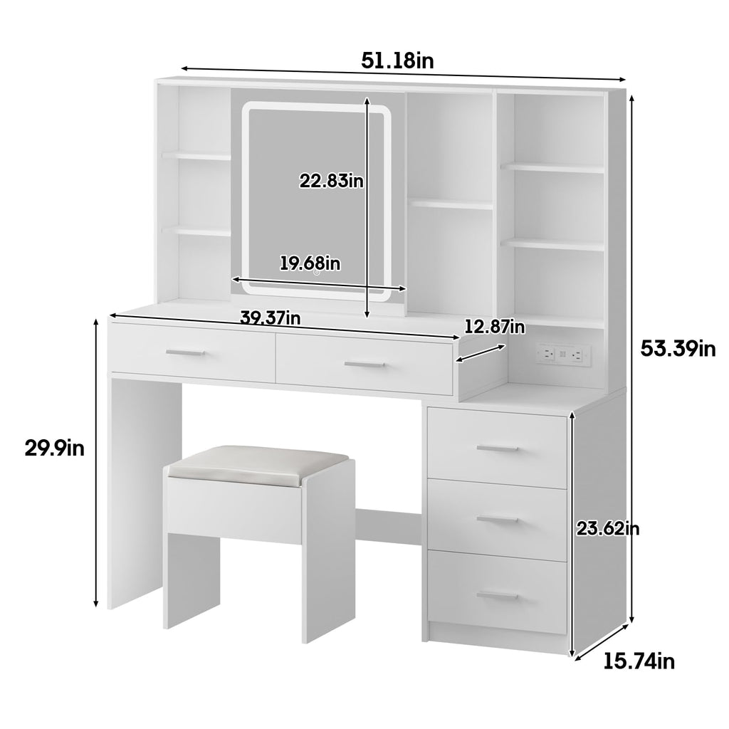 White Vanity Desk with Lighted Sliding Mirror, 5 Drawers and Stool Set U81115