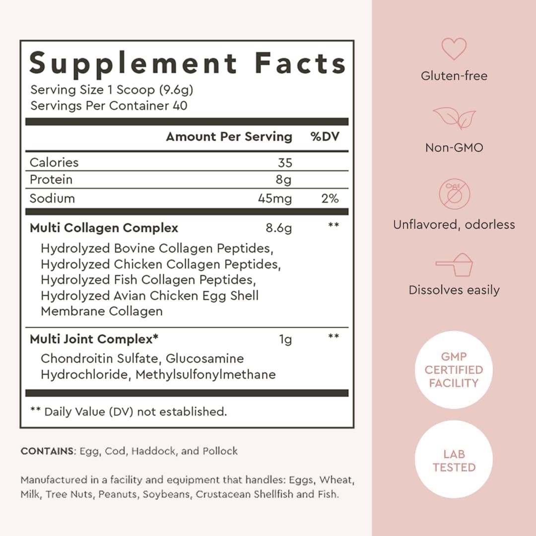 Multi Collagen Powder Type I II III V X Hydrolyzed Collagen Peptides MSM Unflavored 40 Servings M6863