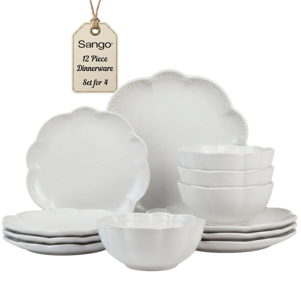 12 Pieces Scalloped White Plates & Bowls Set W1517