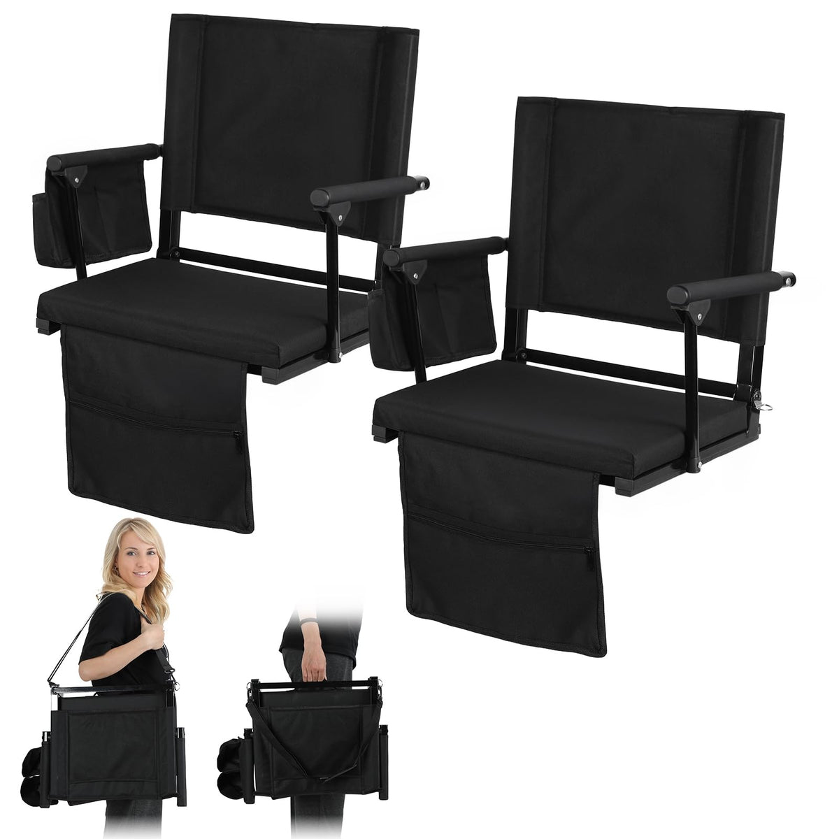 2 Pcs Black Stadium Seats with Back Support and Cushion F93590