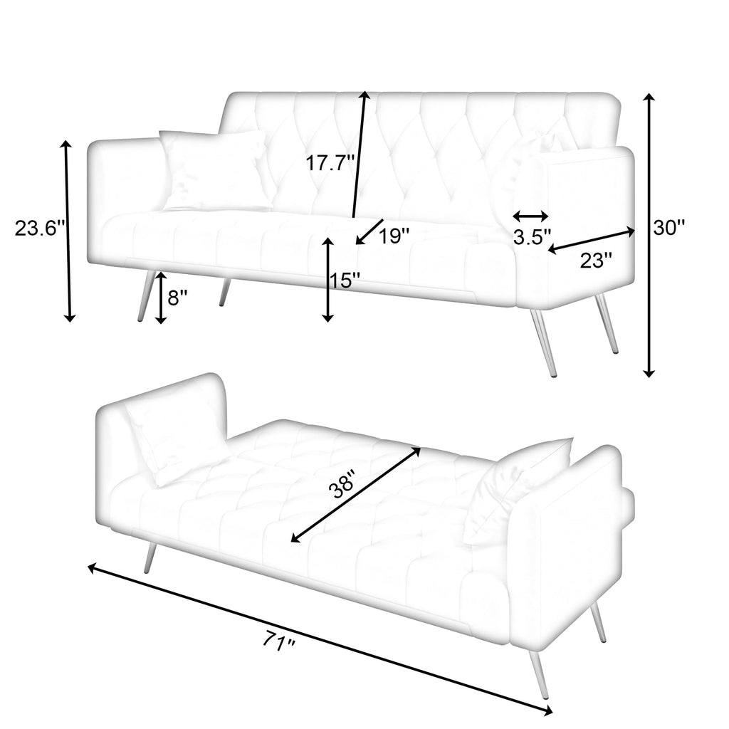 71" Velvet Futon Sofa Bed with 2 Pillows S599