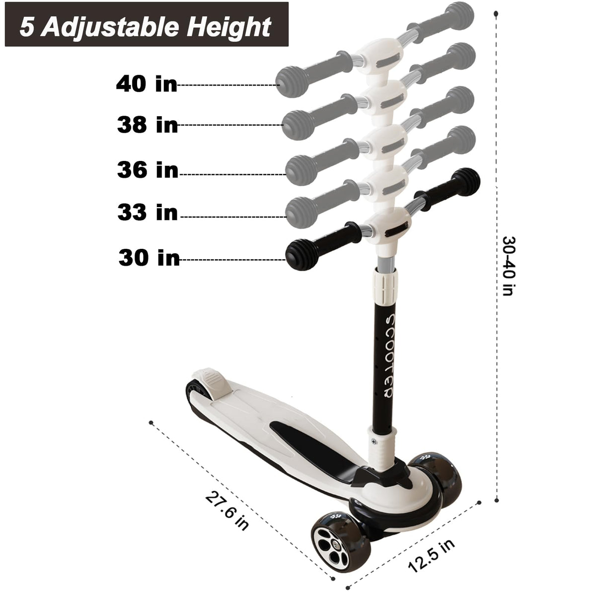 5 Adjustable Height Foldable Kick Scooter with 3 LED Light Wheels Y1632