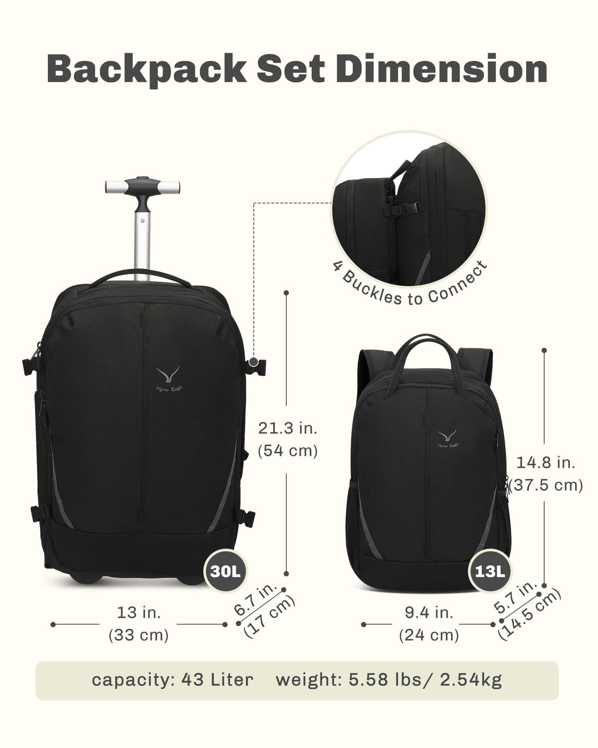 Rolling Backpack with Wheels 43L 17 inches Laptop Jet Black 6PC Packing Cubes I91827