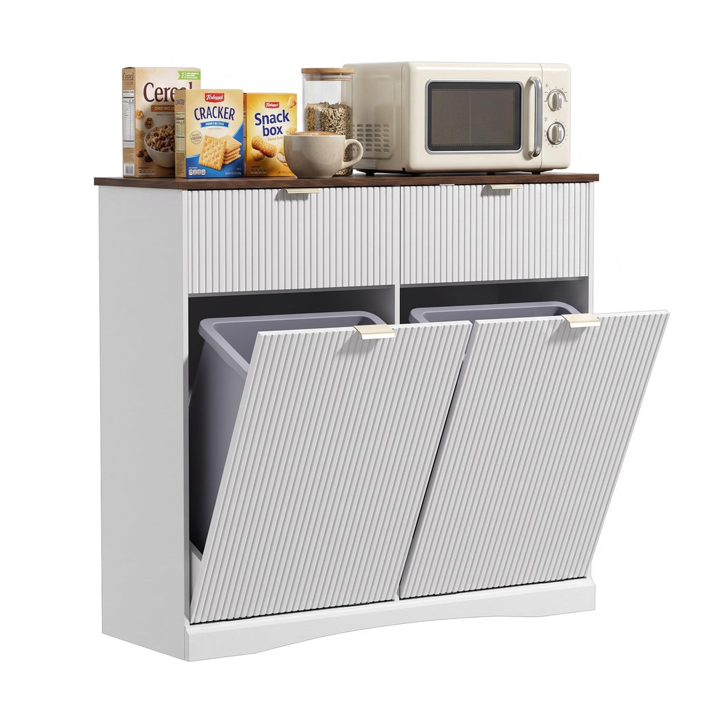 Double Tilt Out Trash Cabinet, 2x10 Gallon Fluted Hidden Laundry Hamper with Drawers, White and Dark Walnut C540345