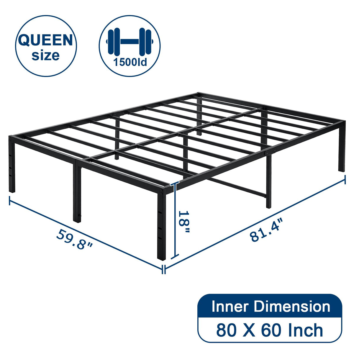 Queen Size Black Metal Bed Frame with Steel Slats P563