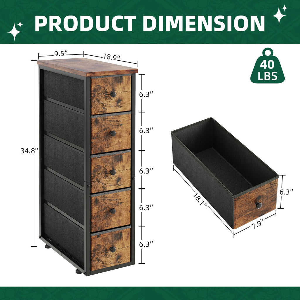 Narrow 5 Fabric Drawers Rustic Brown Dresser W56255