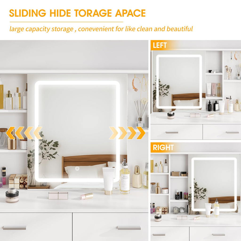 White Vanity Desk with Lighted Sliding Mirror, 5 Drawers and Stool Set U81115