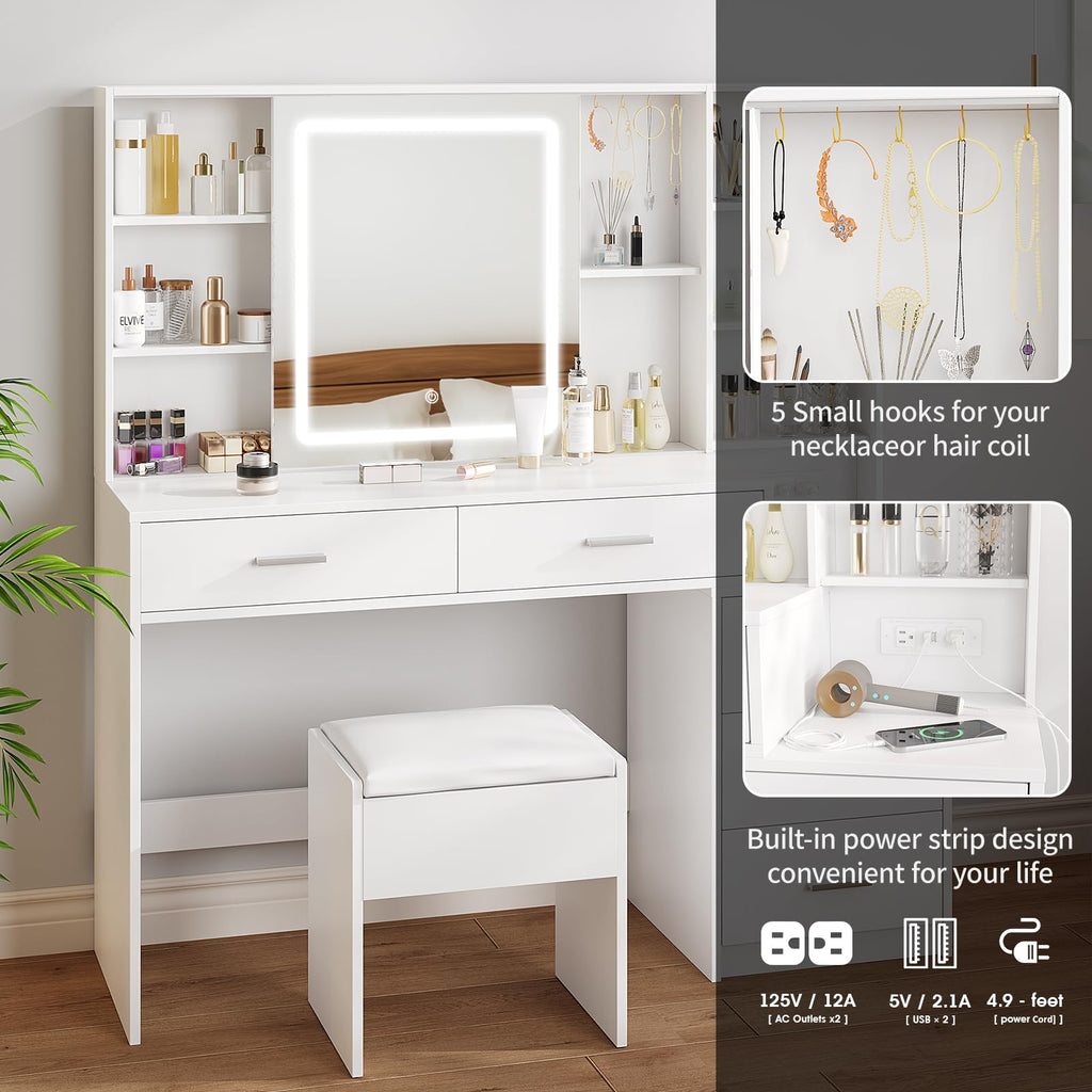 White Vanity Desk with Lighted Sliding Mirror, 5 Drawers and Stool Set U81115