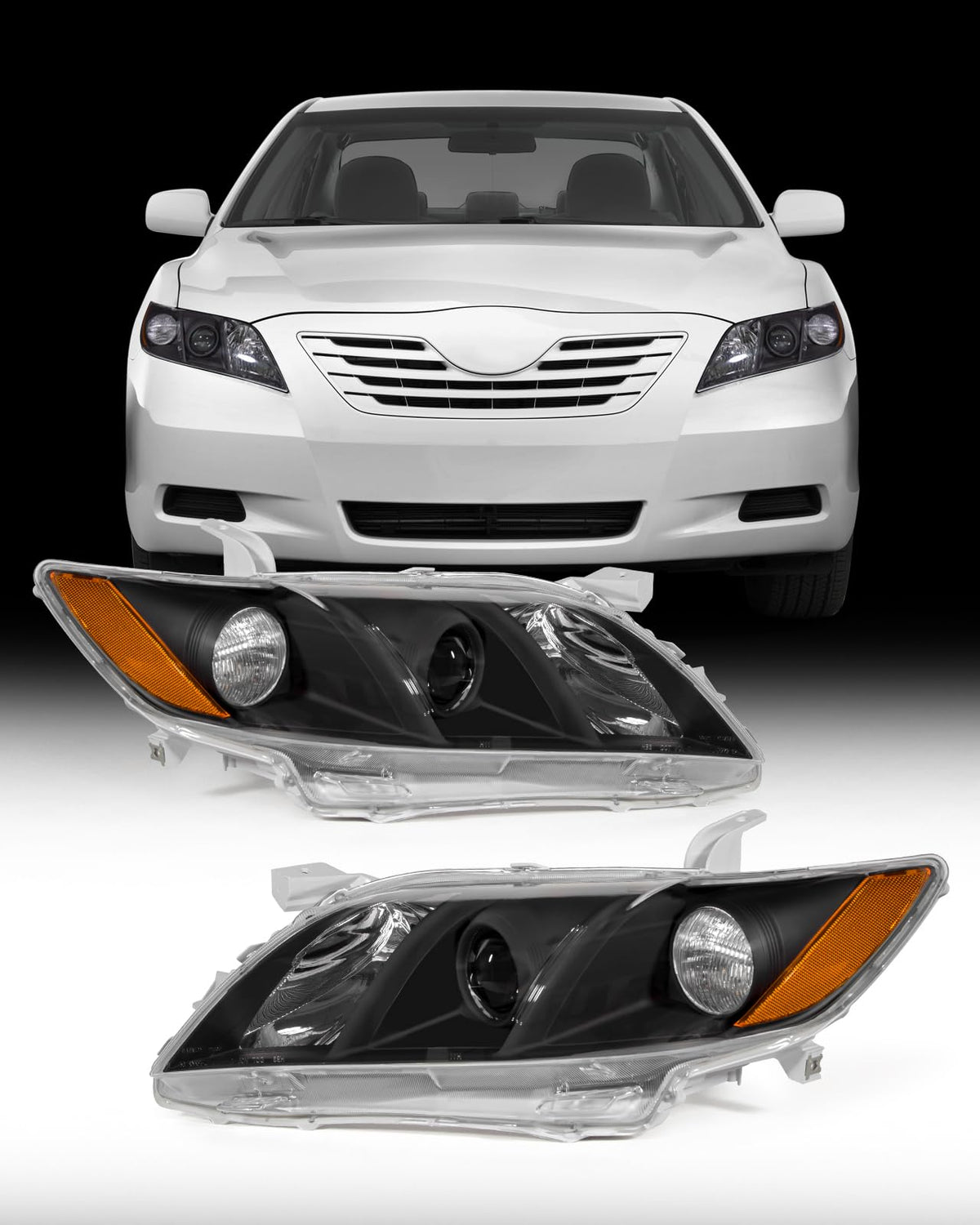 Compatible with 2007-2009 Toyota Camry Headlights Assembly Black Housing Amber Reflectors Left and Right Pairs L673