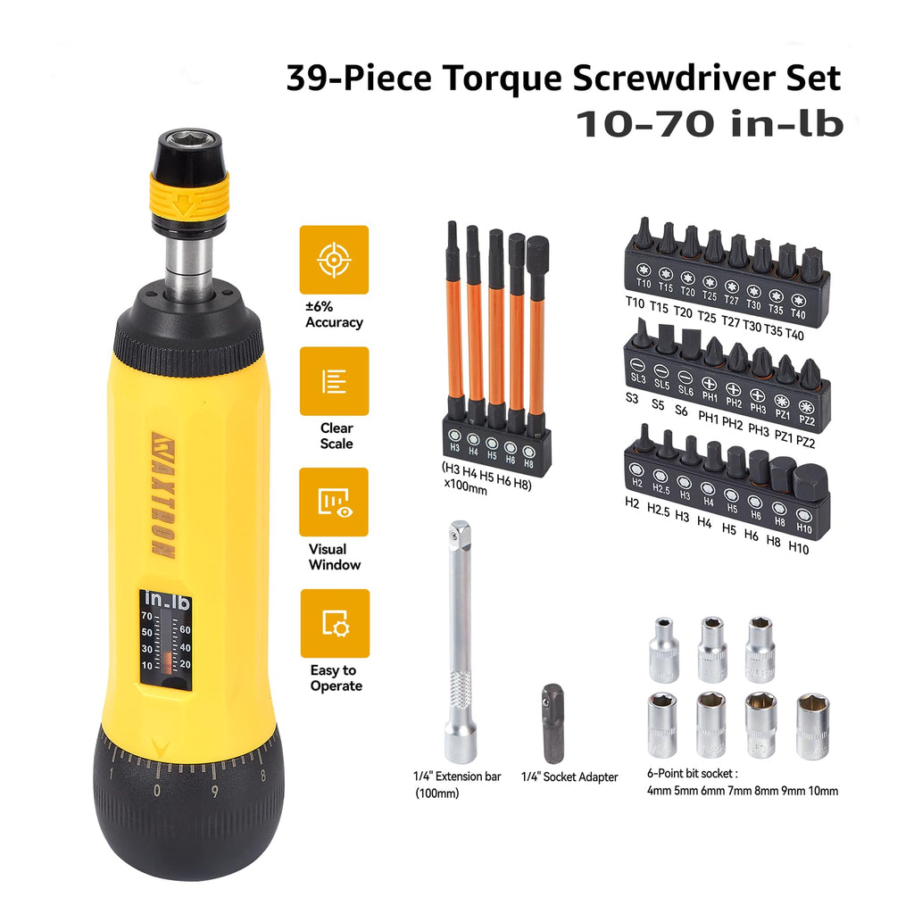 Torque Screwdriver Bit Set, 39-Piece 10-70 in-lb G154