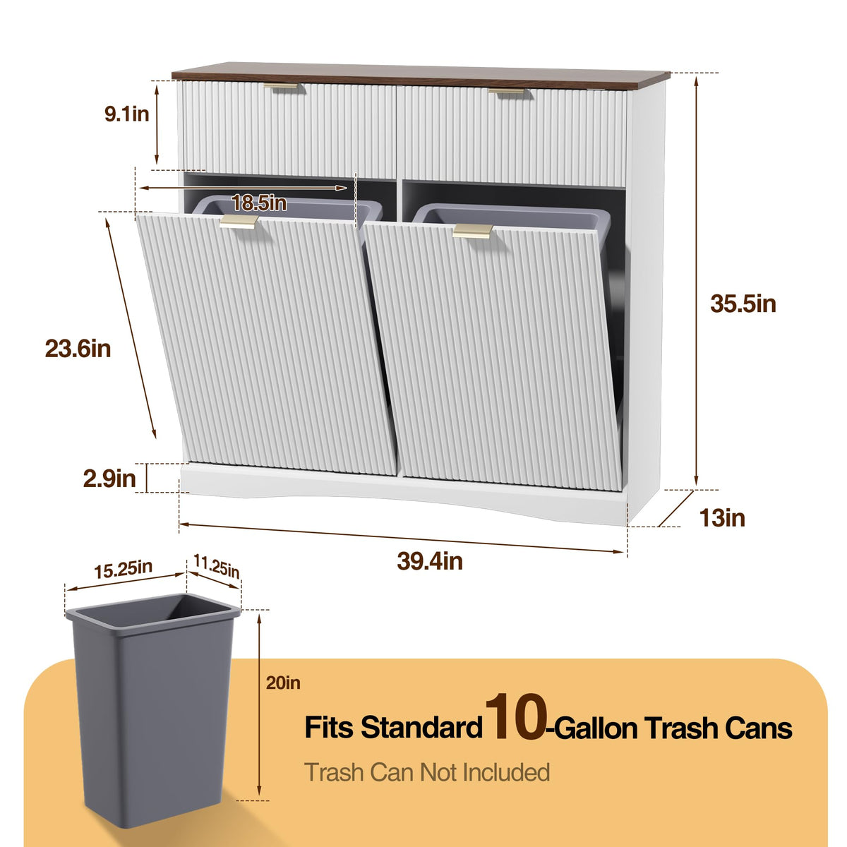 Double Tilt Out Trash Cabinet, 2x10 Gallon Fluted Hidden Laundry Hamper with Drawers, White and Dark Walnut C540345