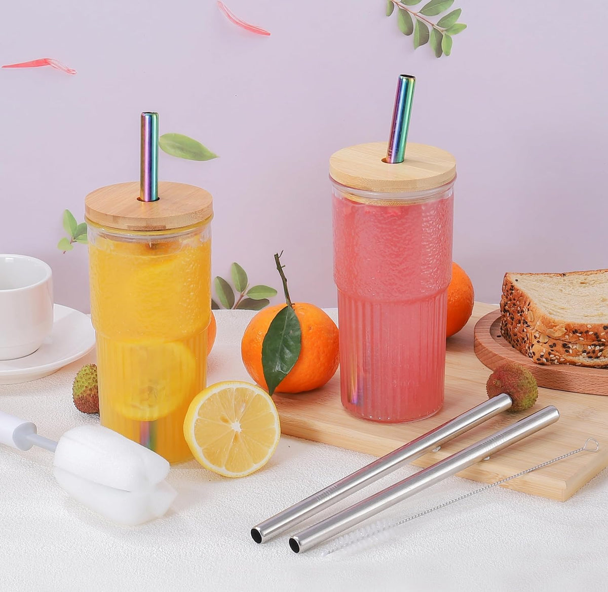 22oz Glass Cups Set with Bamboo Lids and Straws F179179
