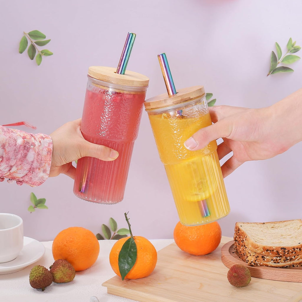 22oz Glass Cups Set with Bamboo Lids and Straws F179179