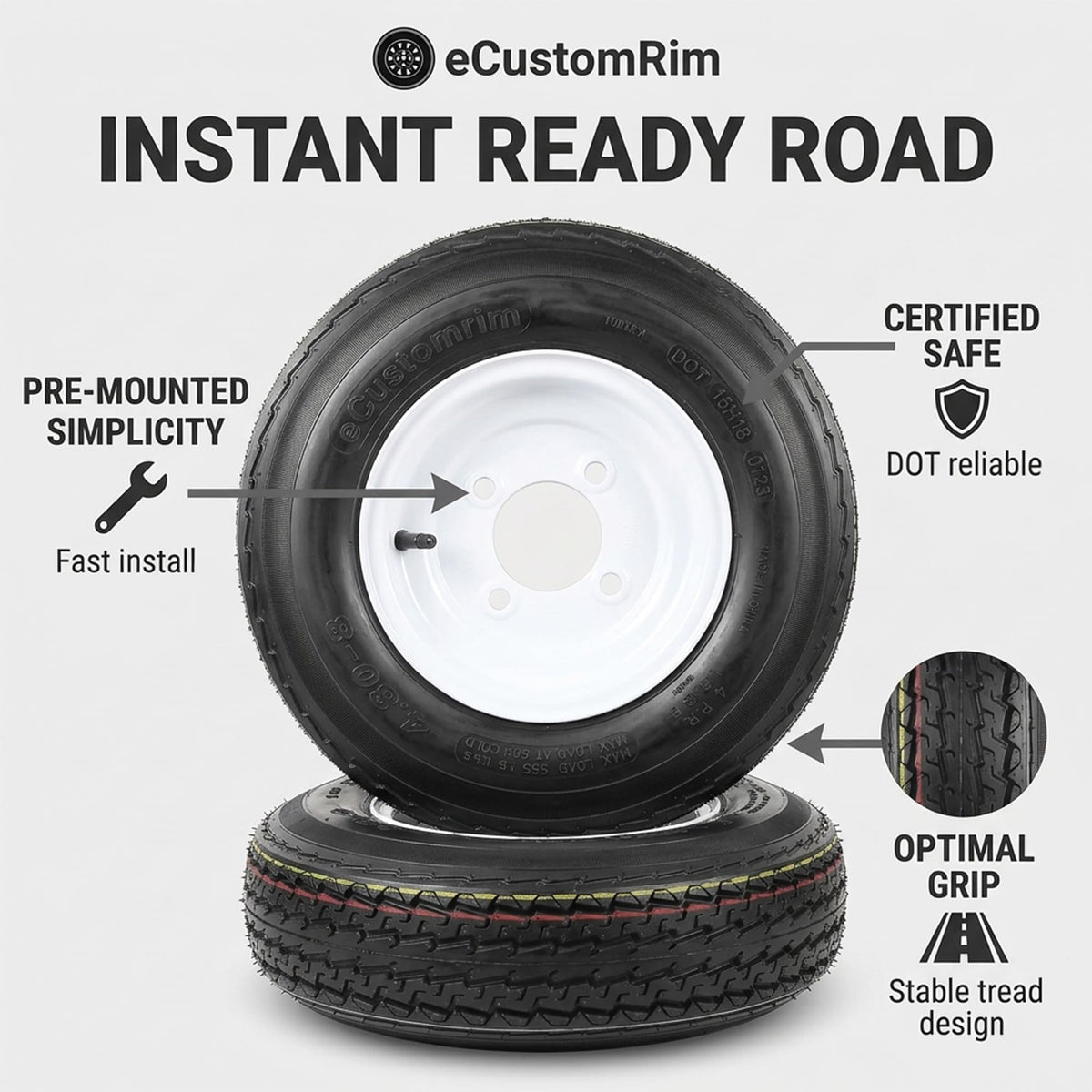 2-Pack Trailer Tire Rim Assembly 4.80-8 4 Lug White M364