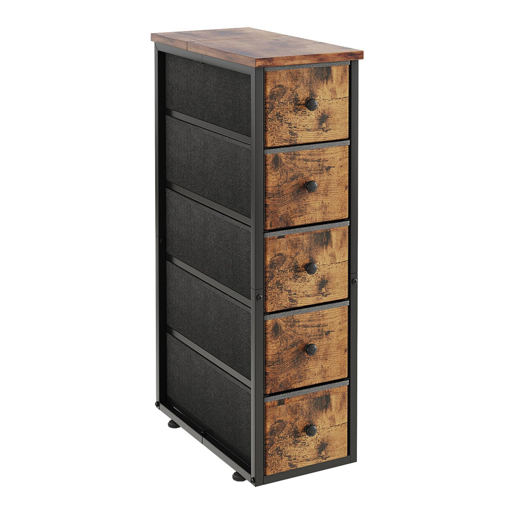 Narrow 5 Fabric Drawers Rustic Brown Dresser W56255