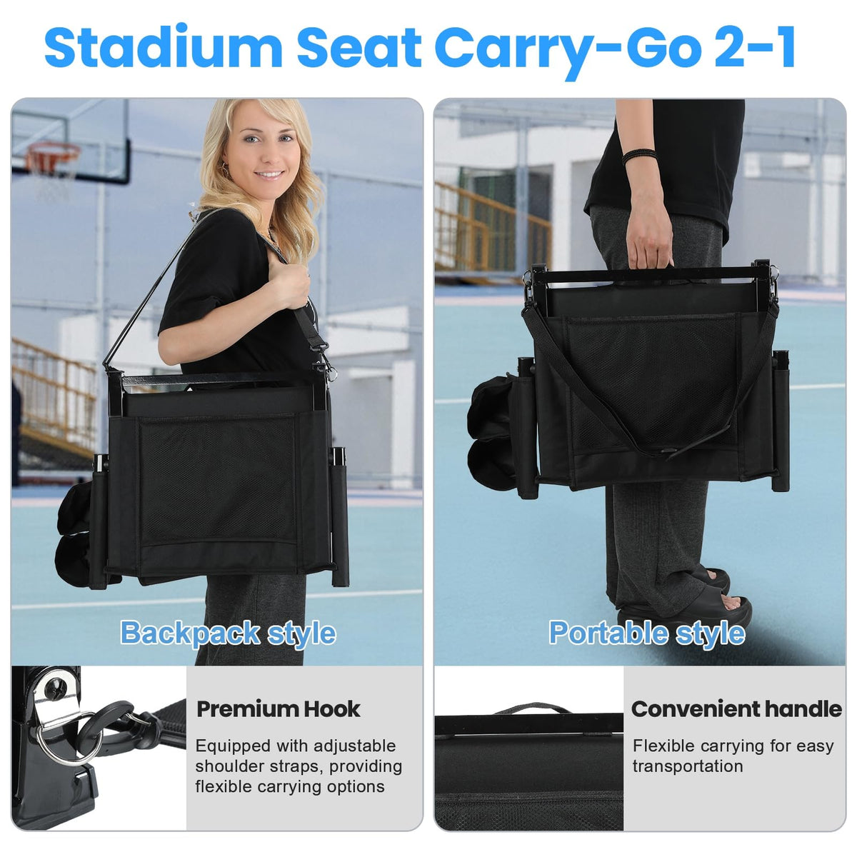 2 Pcs Black Stadium Seats with Back Support and Cushion F93590