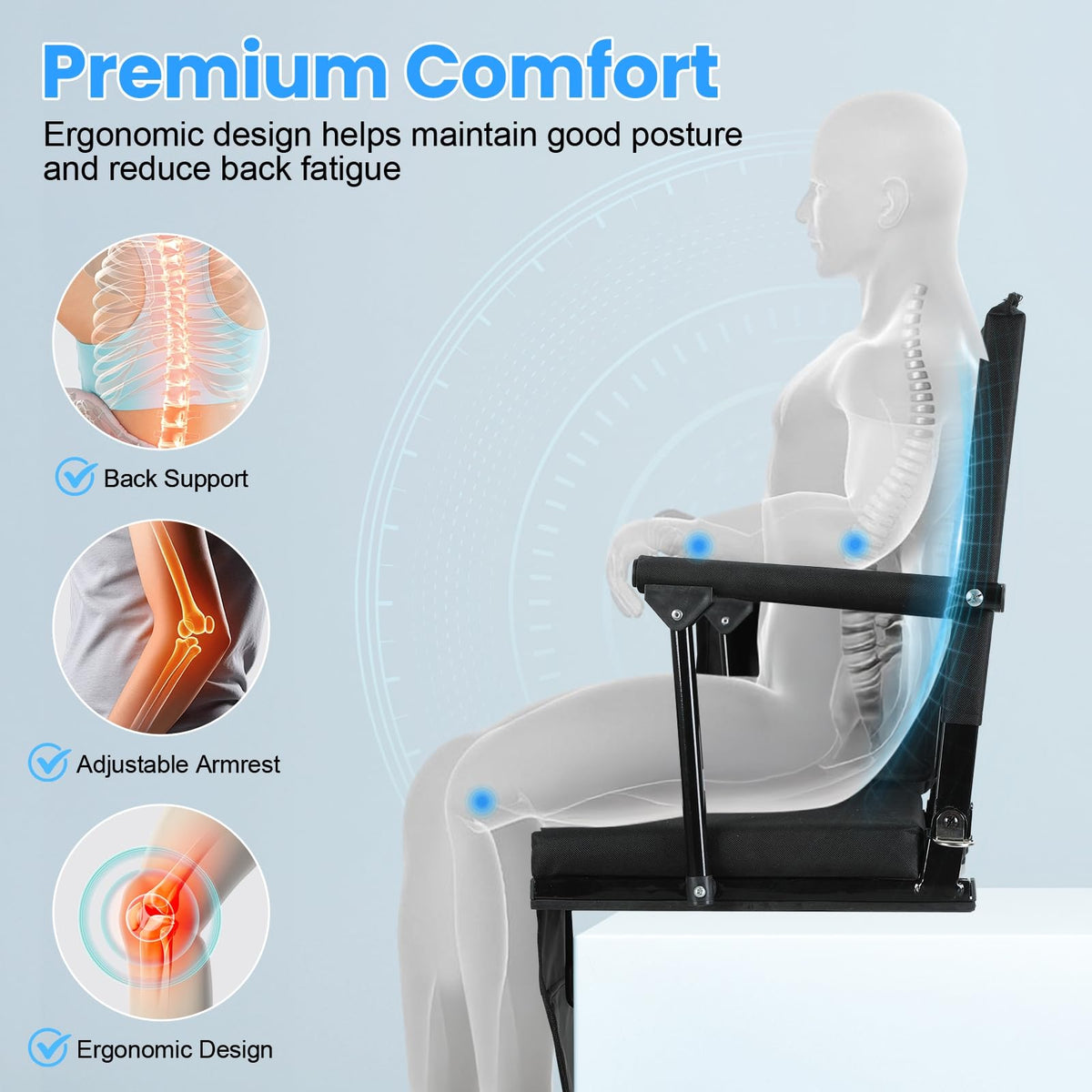 2 Pcs Black Stadium Seats with Back Support and Cushion F93590