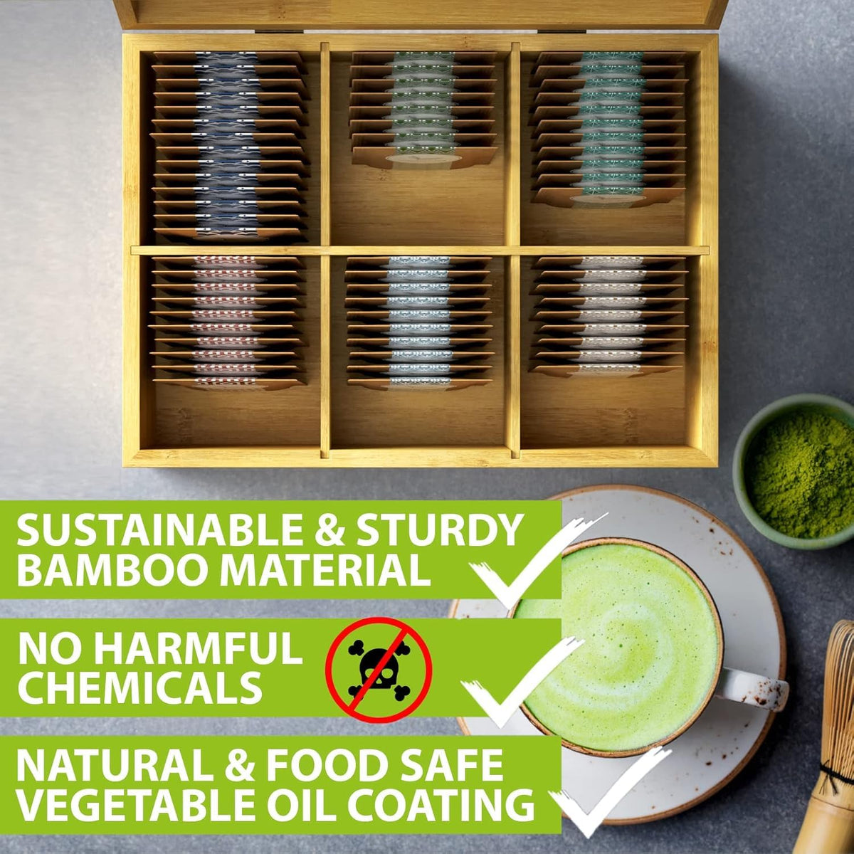 Bamboo Wood Tea Organizer Box 6-Slot G725