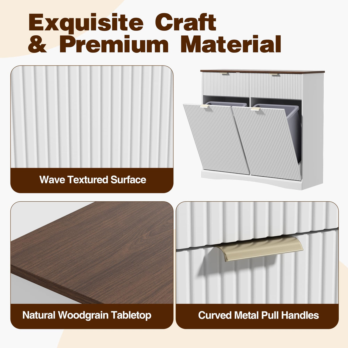 Double Tilt Out Trash Cabinet, 2x10 Gallon Fluted Hidden Laundry Hamper with Drawers, White and Dark Walnut C540345
