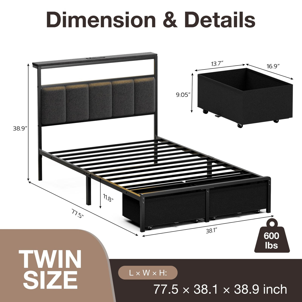 Grey Upholstered Twin Bed Frame with 2 Storage Drawers E8860