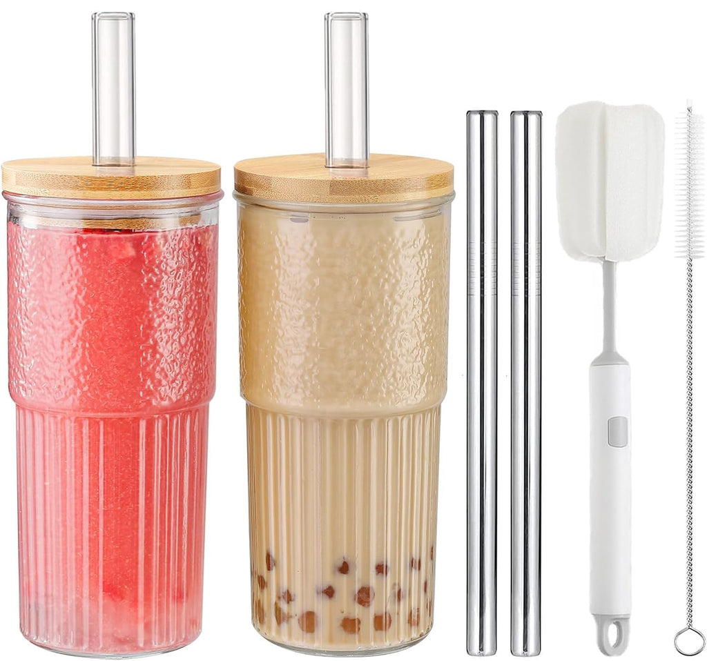 22oz Glass Cups Set with Bamboo Lids and Straws F179179