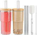 22oz Glass Cups Set with Bamboo Lids and Straws F179179