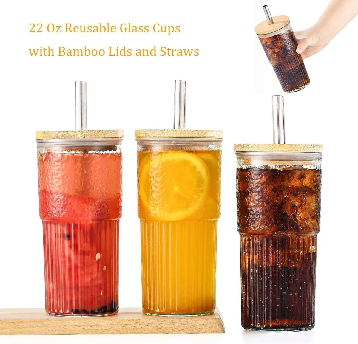 22oz Glass Cups Set with Bamboo Lids and Straws F179179