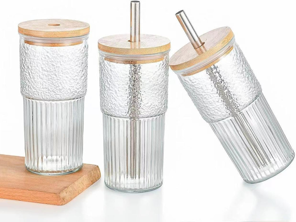 22oz Glass Cups Set with Bamboo Lids and Straws F179179