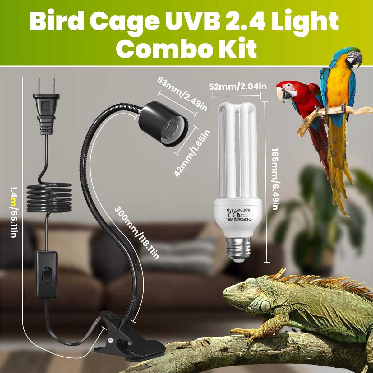 Bird Cage Lighting Combo Kit, Clip Lamp with UVB 2.4 20W Compact Fluorescent Bulb B2022