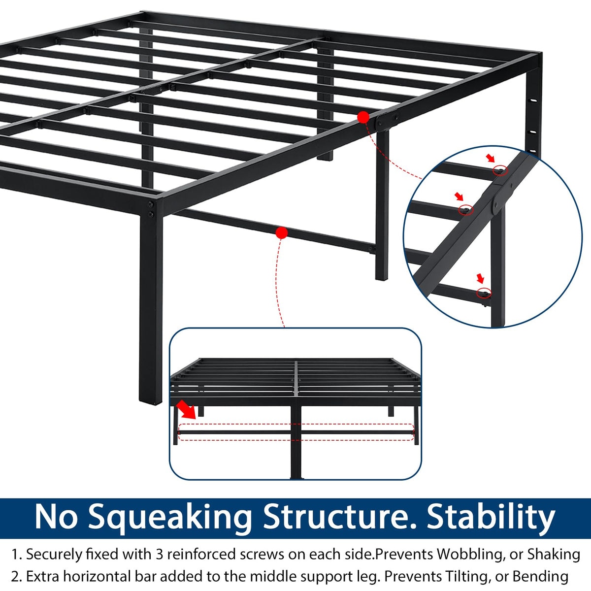 Queen Size Black Metal Bed Frame with Steel Slats P563