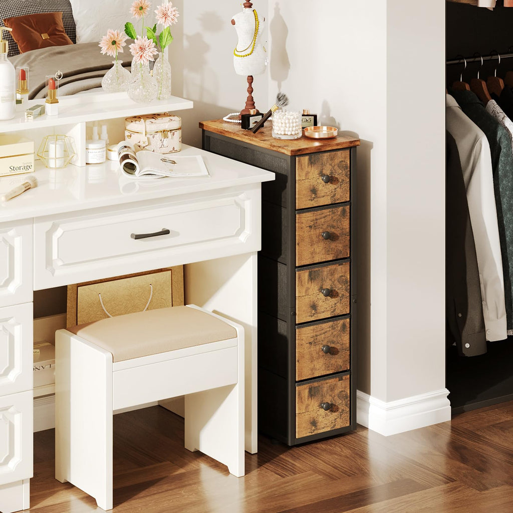 Narrow 5 Fabric Drawers Rustic Brown Dresser W56255