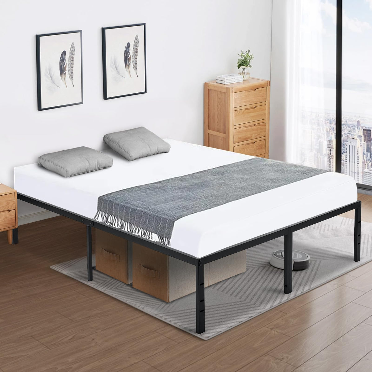 Queen Size Black Metal Bed Frame with Steel Slats P563