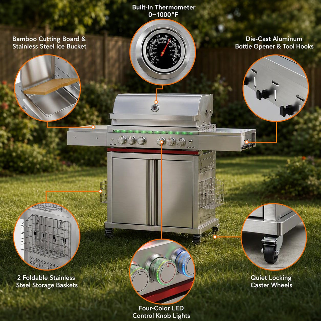 Heavy-duty SUS304 Stainless Steel 6-Burner Propane Gas Grill T952