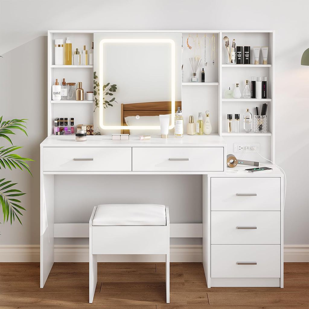 White Vanity Desk with Lighted Sliding Mirror, 5 Drawers and Stool Set U81115