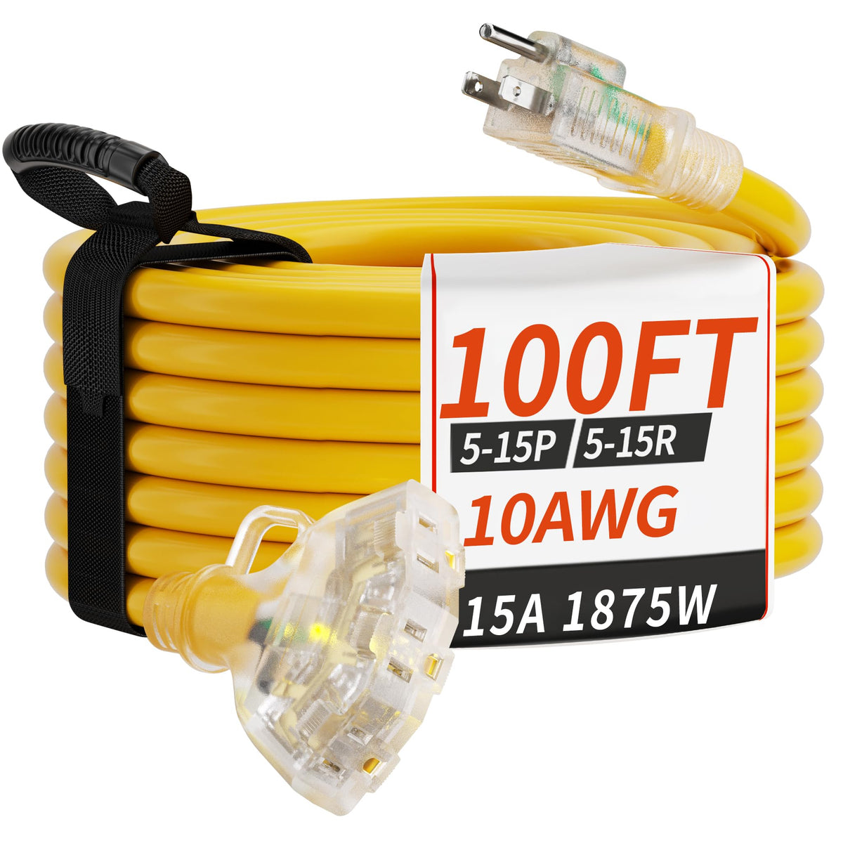 100 FT 10 Gauge Outdoor Extension Cord with Multiple Outlets Yellow R593