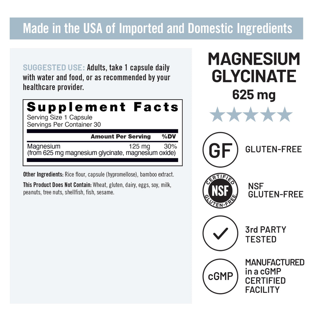 Magnesium Glycinate 625 mg Vegan 30 Capsules B976289