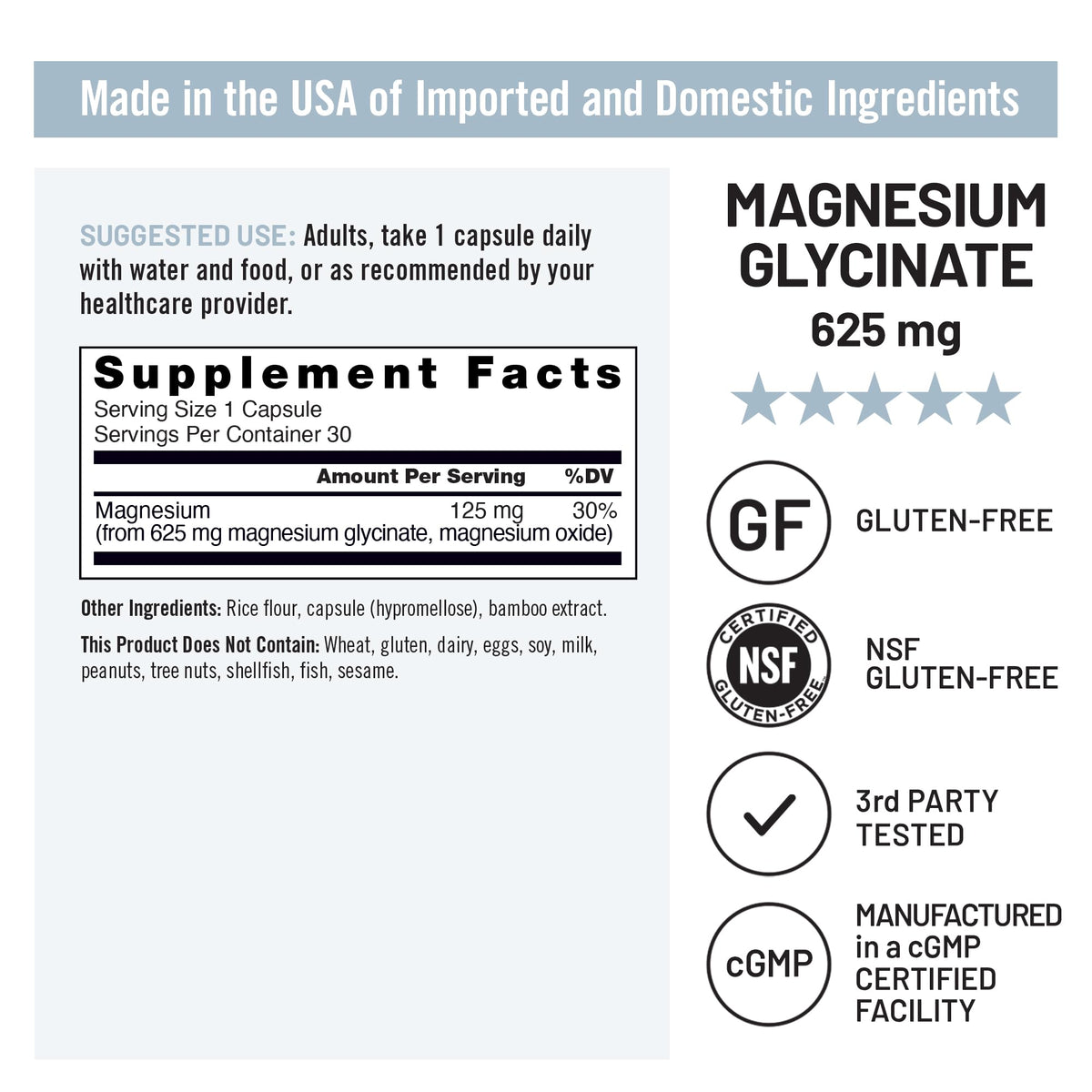 Magnesium Glycinate 625 mg Vegan 30 Capsules B976289
