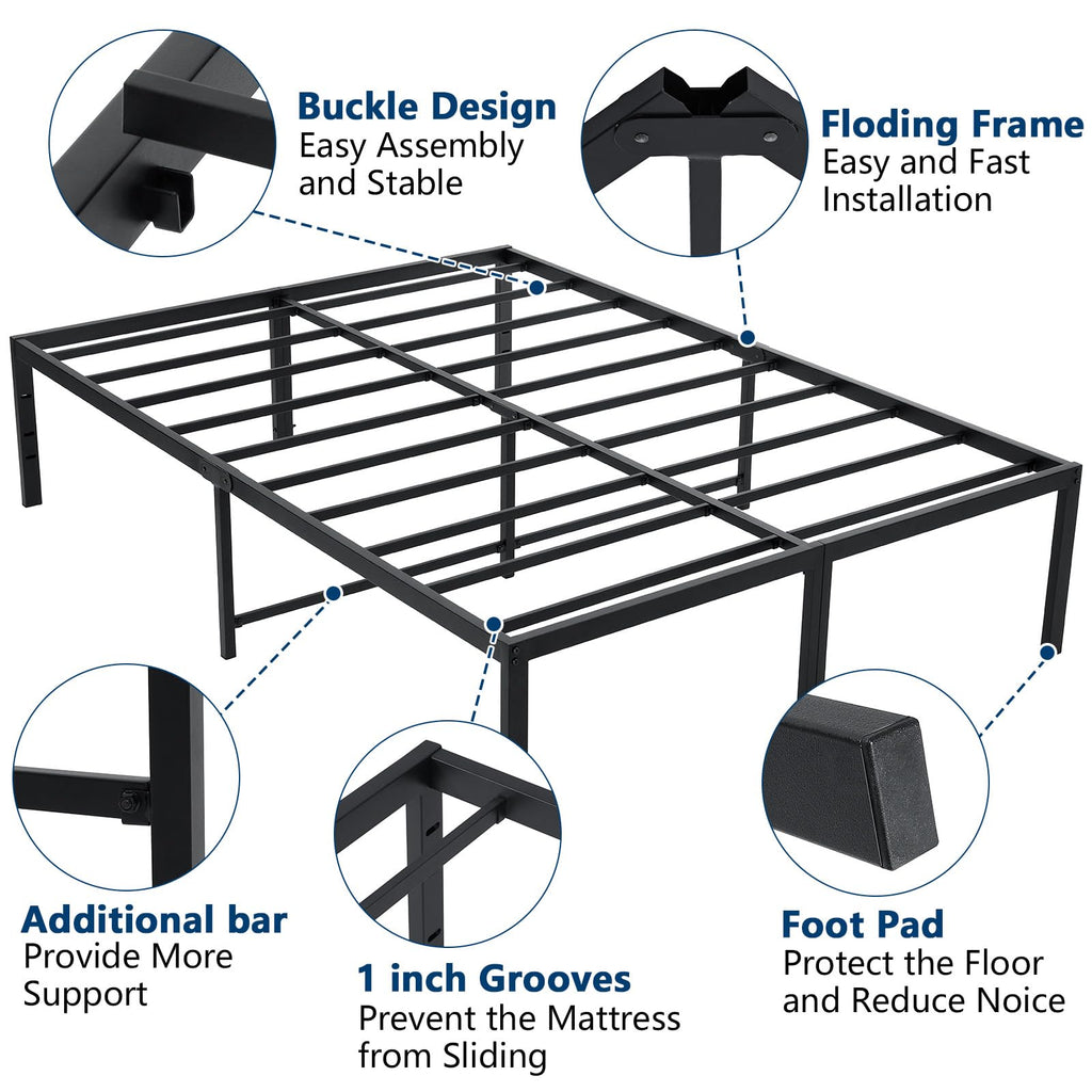 Queen Size Black Metal Bed Frame with Steel Slats P563