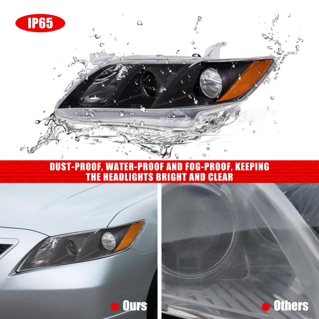 Compatible with 2007-2009 Toyota Camry Headlights Assembly Black Housing Amber Reflectors Left and Right Pairs L673