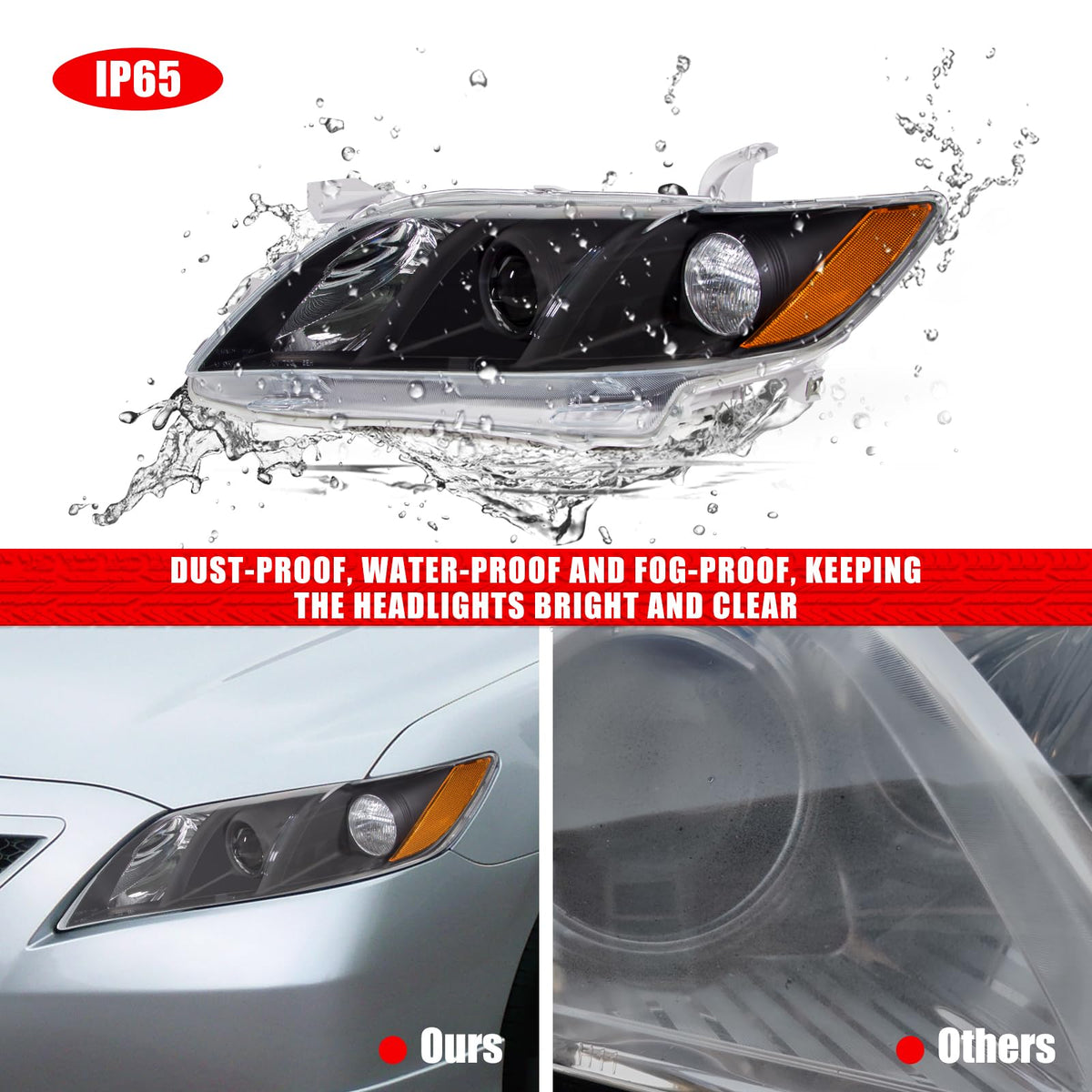 Compatible with 2007-2009 Toyota Camry Headlights Assembly Black Housing Amber Reflectors Left and Right Pairs L673