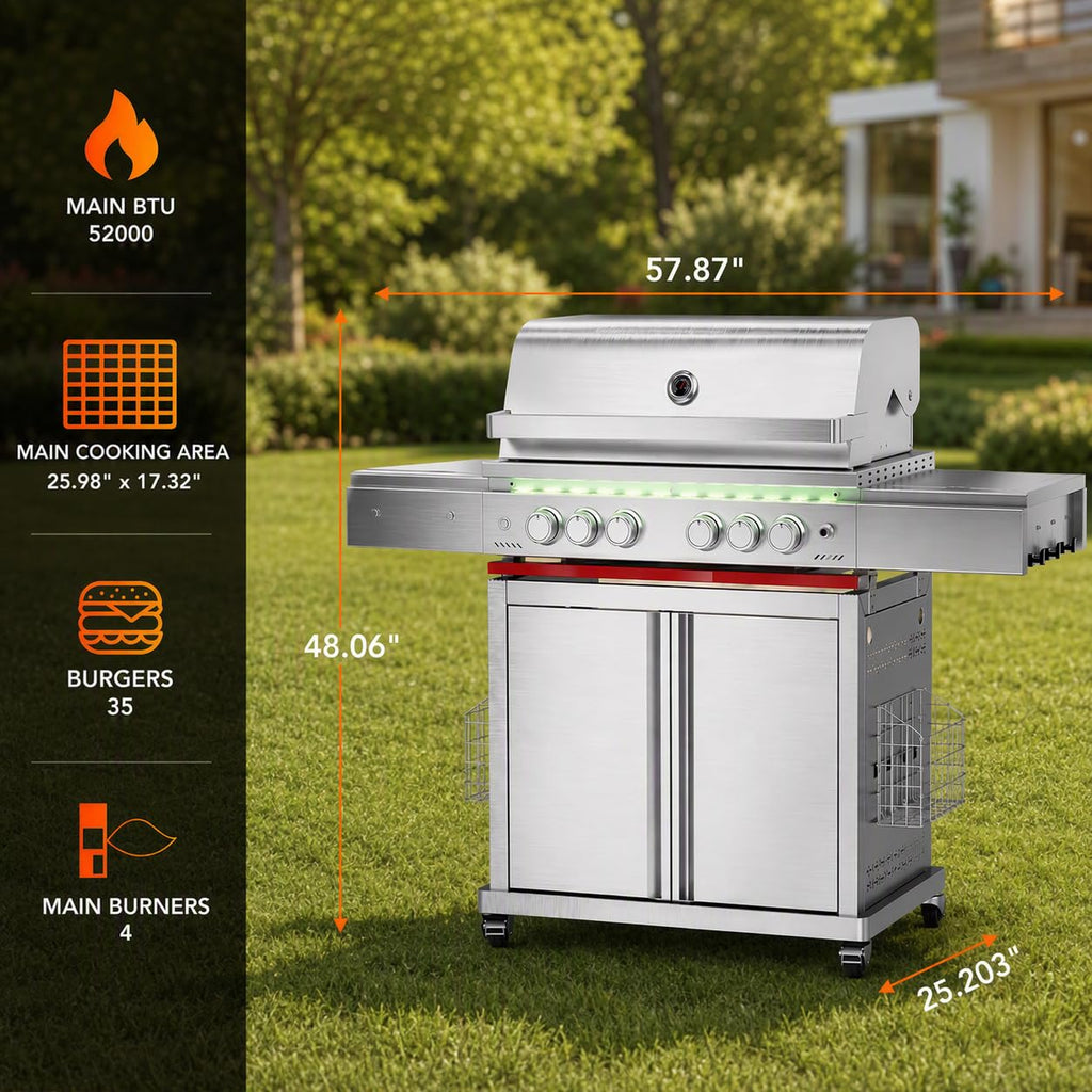 Heavy-duty SUS304 Stainless Steel 6-Burner Propane Gas Grill T952