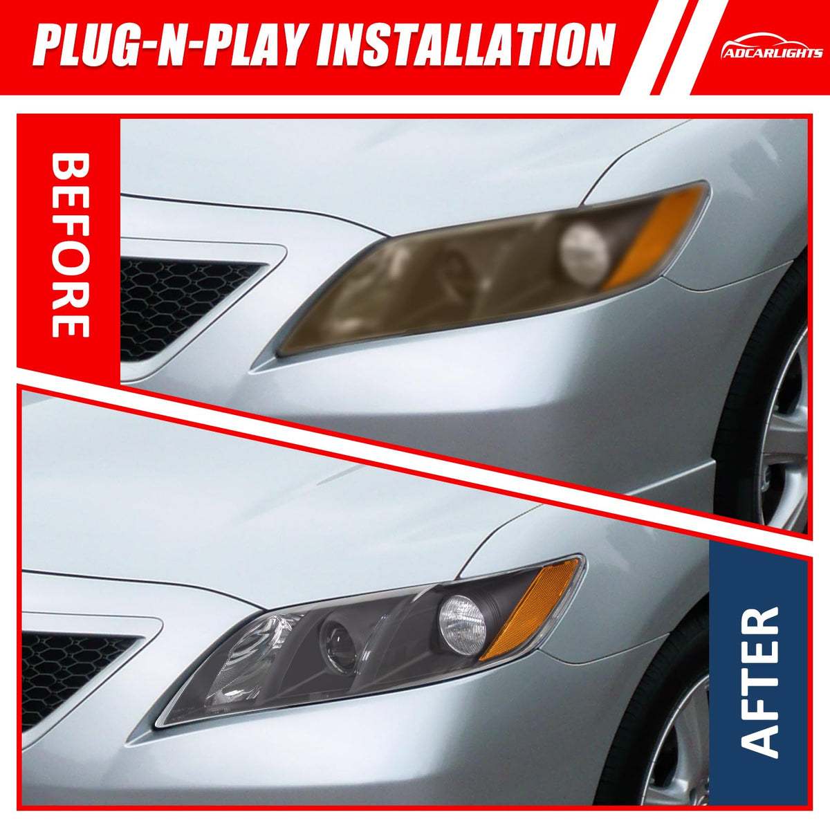 Compatible with 2007-2009 Toyota Camry Headlights Assembly Black Housing Amber Reflectors Left and Right Pairs L673