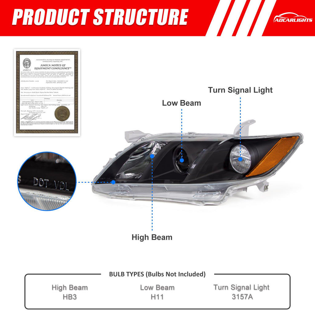 Compatible with 2007-2009 Toyota Camry Headlights Assembly Black Housing Amber Reflectors Left and Right Pairs L673