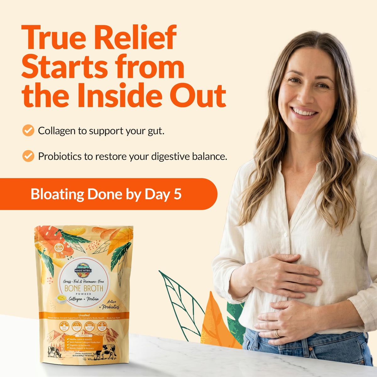 100% Grass-Fed Beef Bone Broth Powder with Probiotics Collagen 15g Protein Y600