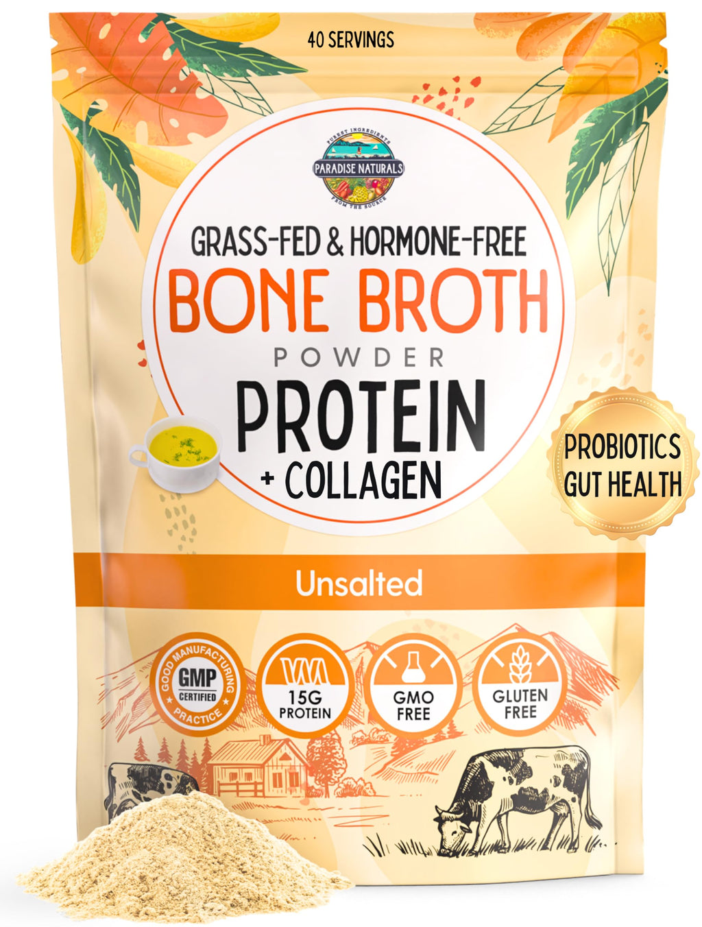 100% Grass-Fed Beef Bone Broth Powder with Probiotics Collagen 15g Protein Y600