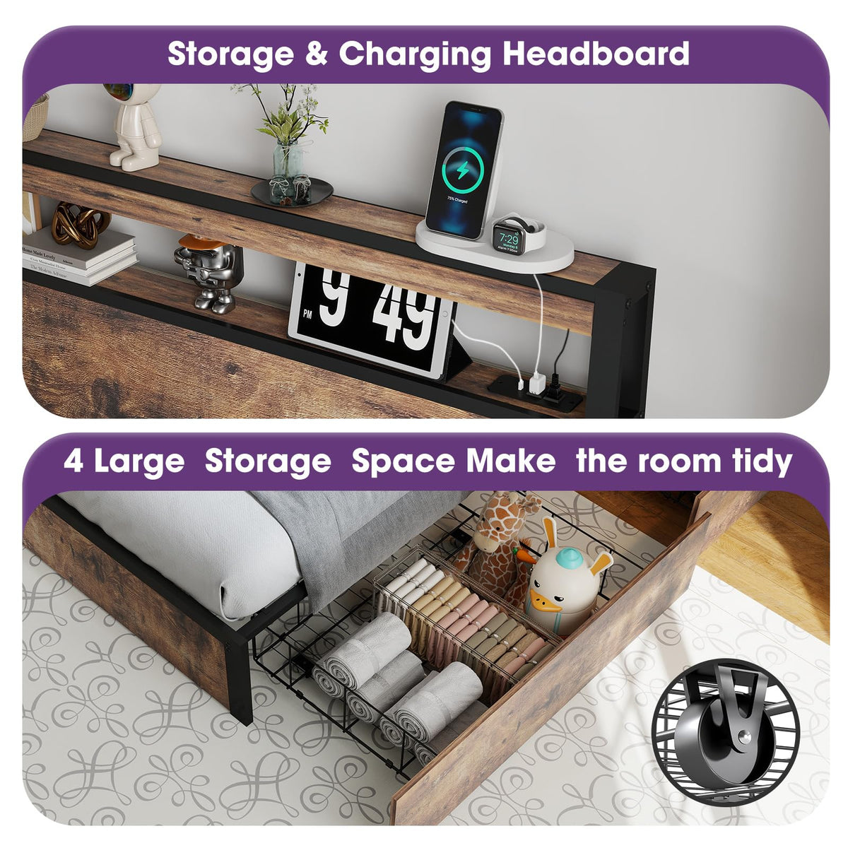 Queen Size Bed Frame with LED Light Headboard and 4 Storage Drawers A2400