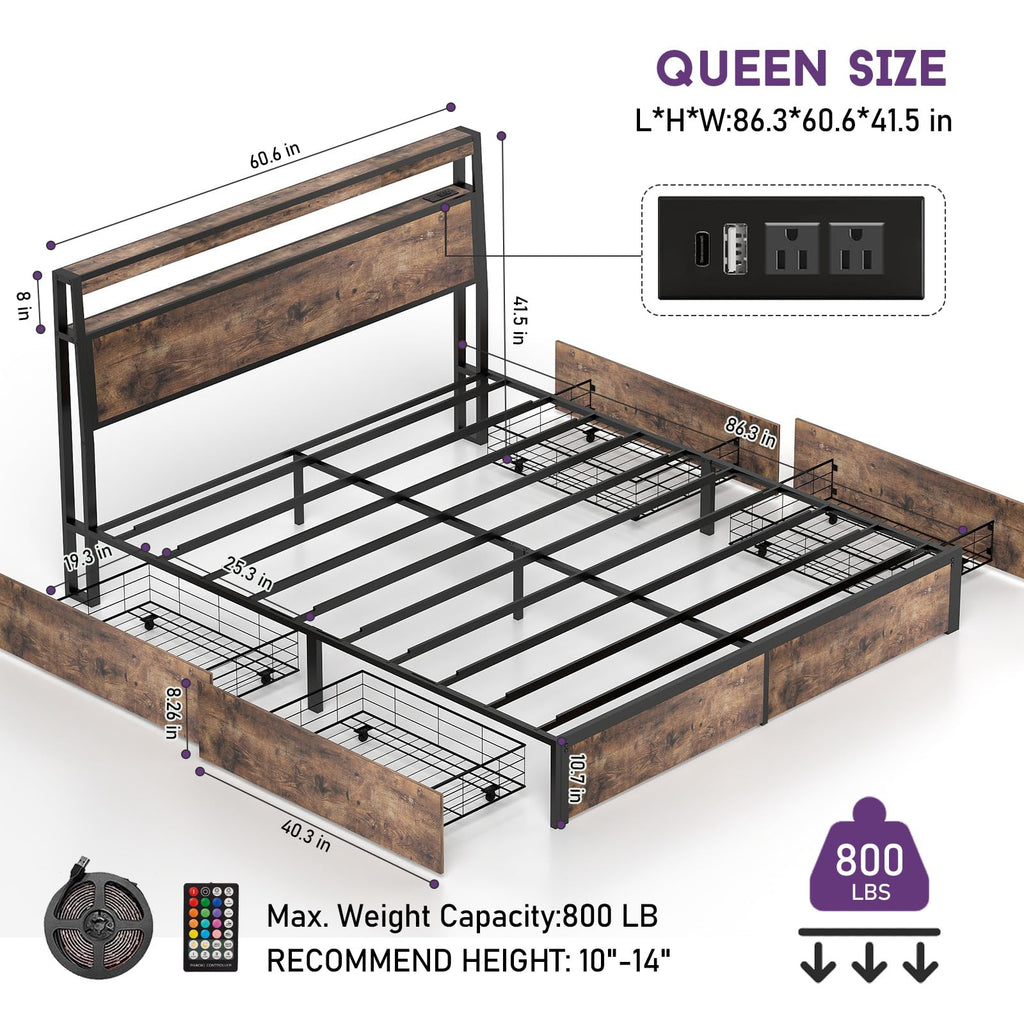 Queen Size Bed Frame with LED Light Headboard and 4 Storage Drawers A2400