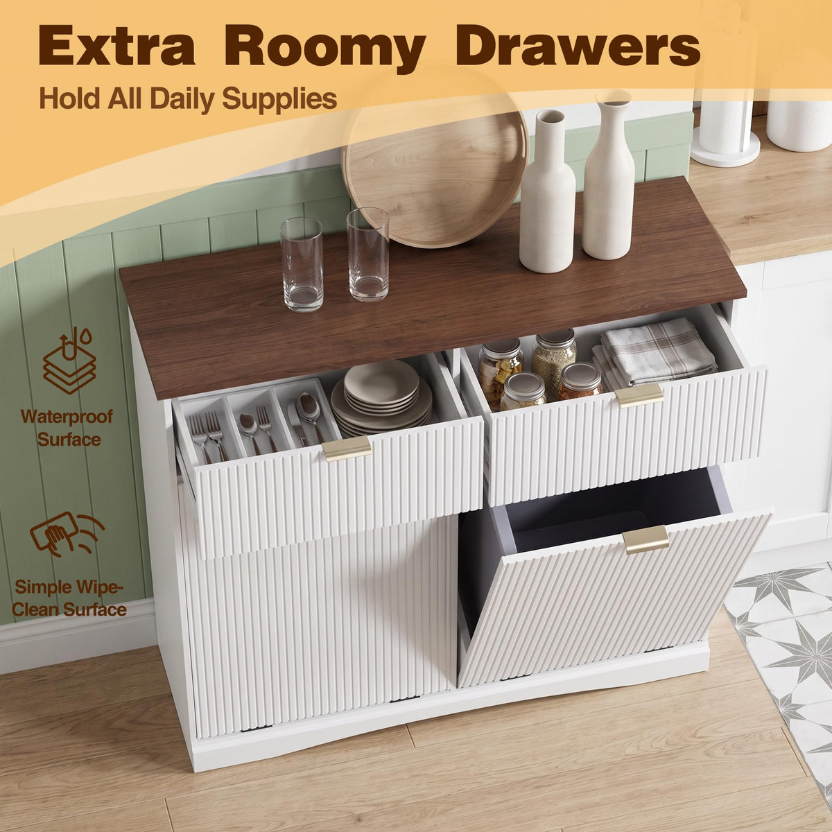 Double Tilt Out Trash Cabinet, 2x10 Gallon Fluted Hidden Laundry Hamper with Drawers, White and Dark Walnut C540345
