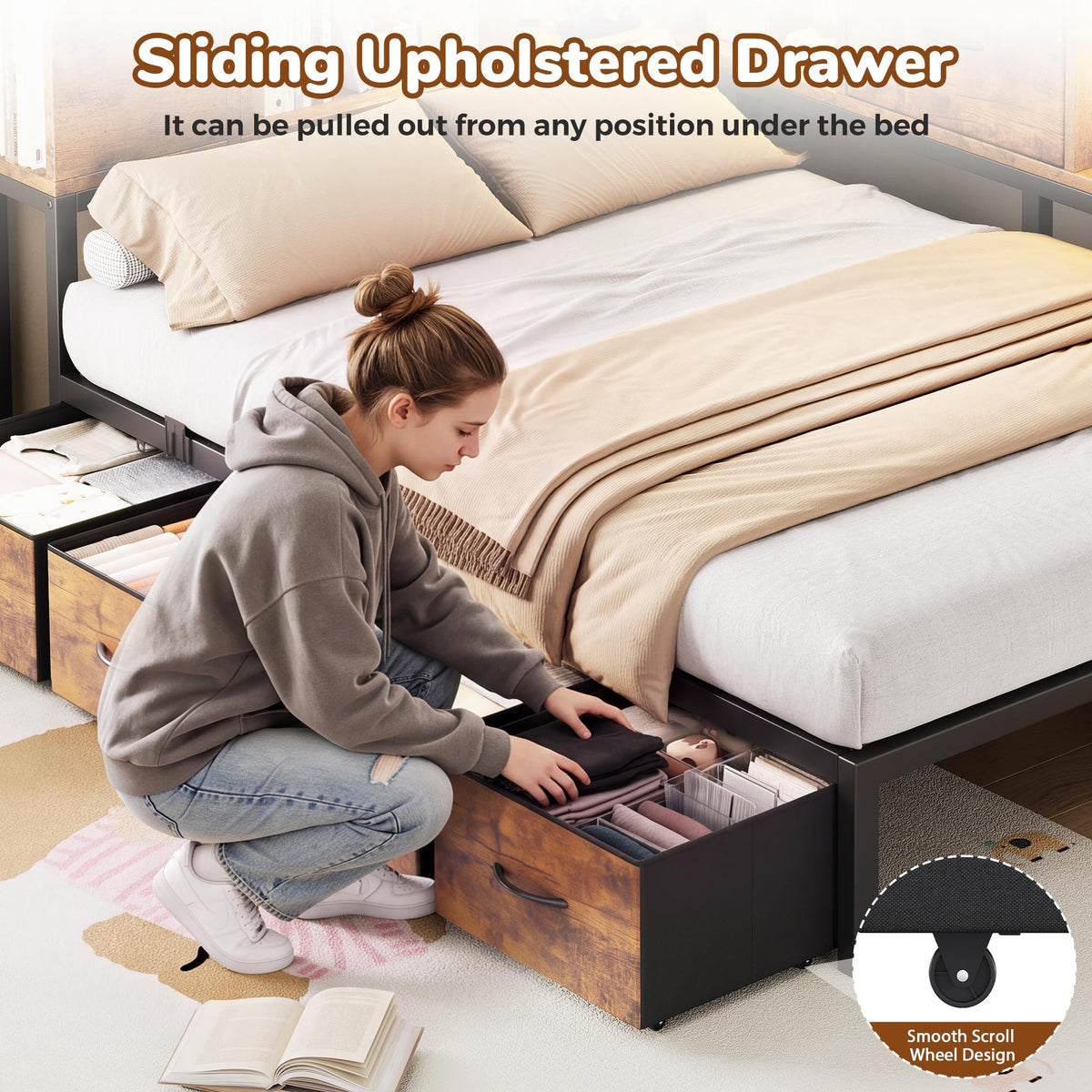 Twin Size Metal Platform Bed Frame with Storage Drawers and Bookcase Headboard V764